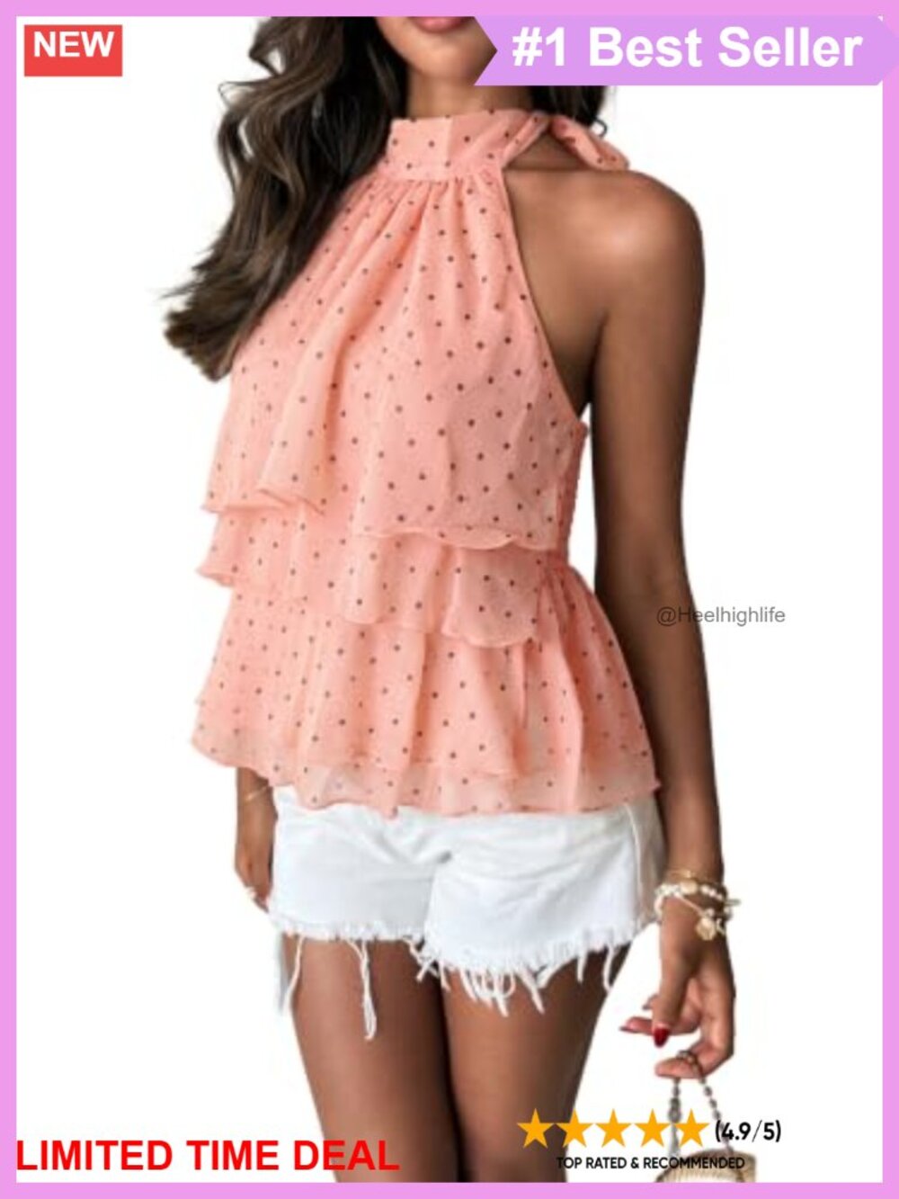 Chiffon Polka Dot Halter Tank Top Smocked Back Ruffled Tiered Summer Blouse
